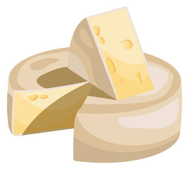 Round cheese block with cutted piece. Cartoon wheel icon