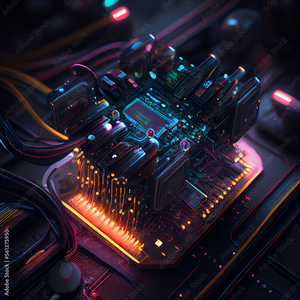 Aufkleber futuristic microchip processor with lights created with generative ai