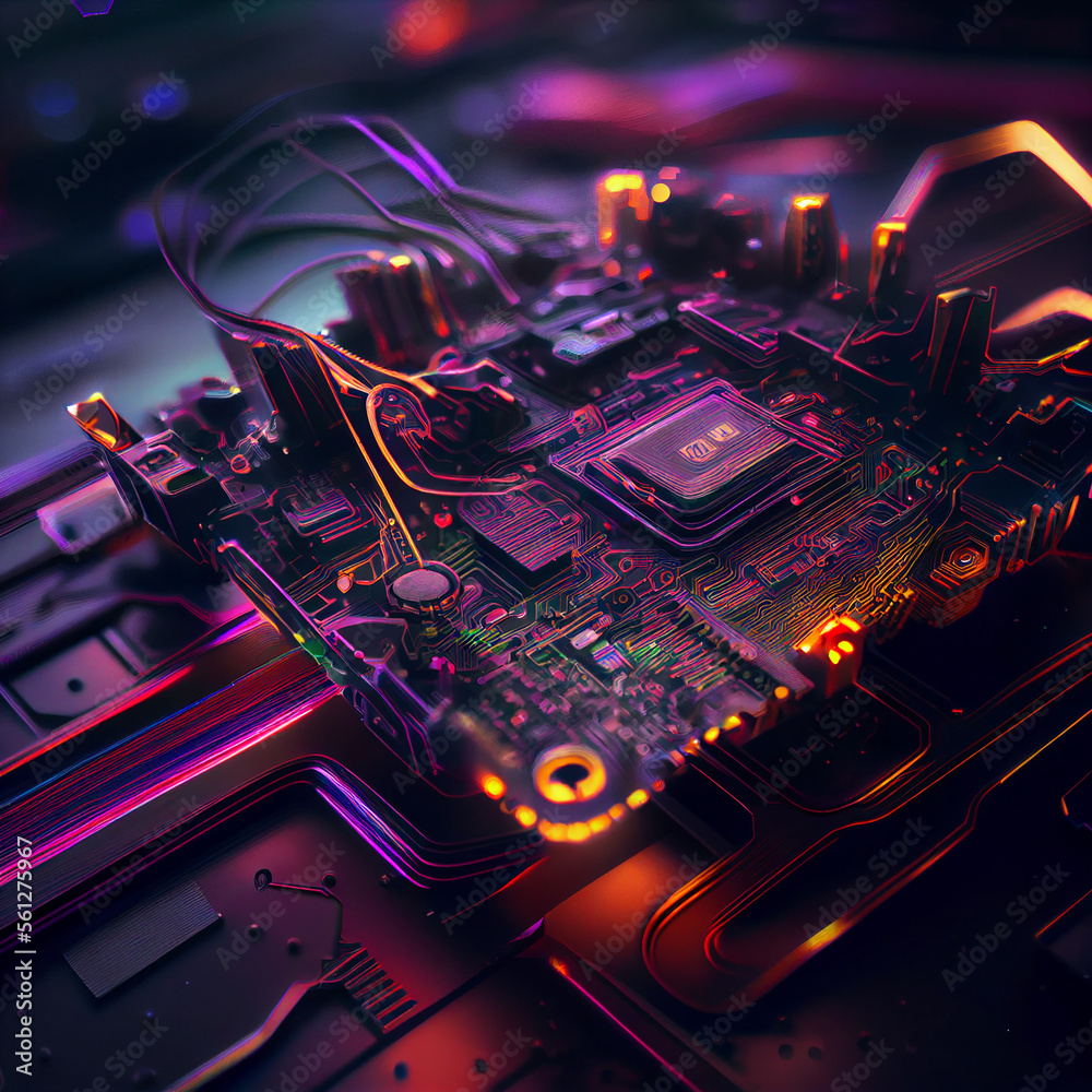 Aufkleber futuristic microchip processor with lights created with generative ai