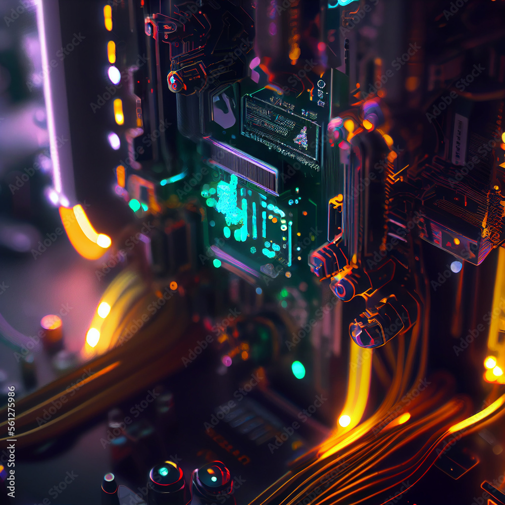 Aufkleber futuristic microchip processor with lights created with generative ai