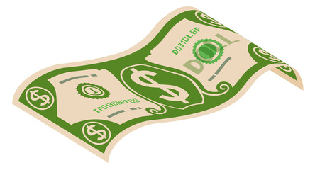 Flying dollar. Green paper banknote. Cartoon money