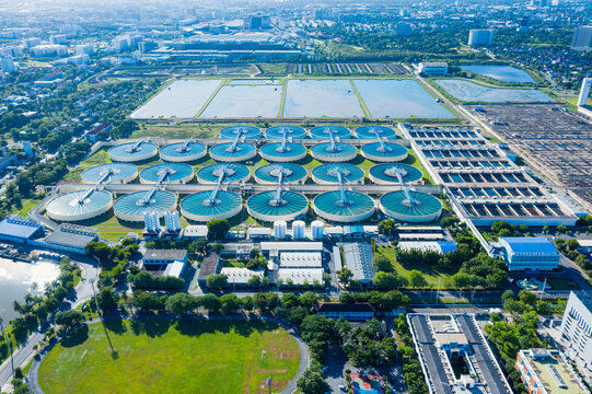 Aerial View of Drinking-Water Treatment. Microbiology of drinking water production and distribution, water treatment plant. Recirculation solid contact clarifier sedimentation tank	