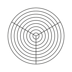 Wheel of life template. Simple coaching tool for visualizing all areas of life. Polar grid of 3 segments and 8 concentric circles. Blank polar graph paper. Circle diagram of life style balance.