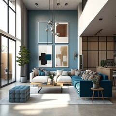 makieta wnętrza salonu, nowoczesne meble i dekoracyjny niebieski łuk z modnymi roślinami, sofą i fotelem