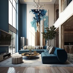makieta wnętrza salonu, nowoczesne meble i dekoracyjny niebieski łuk z modnymi roślinami, sofą i fotelem - obrazy, fototapety, plakaty