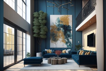 makieta wnętrza salonu, nowoczesne meble i dekoracyjny niebieski łuk z modnymi roślinami, sofą i fotelem - obrazy, fototapety, plakaty