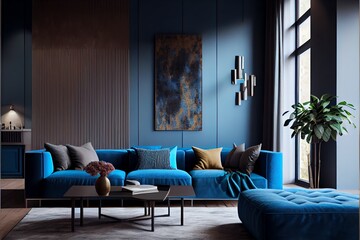 makieta wnętrza salonu, nowoczesne meble i dekoracyjny niebieski łuk z modnymi roślinami, sofą i fotelem