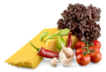 Bunch of Spaghetti with Cherry Tomatoes, Basil and Garlic