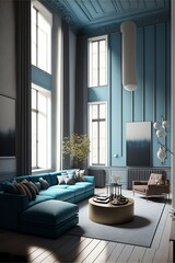 거실 내부 모형, 현대적인 가구, 세련된 식물, 소파, 안락 의자가 있는 장식용 파란색 아치