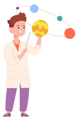 Kid studying astronomy planet. Boy scientist character