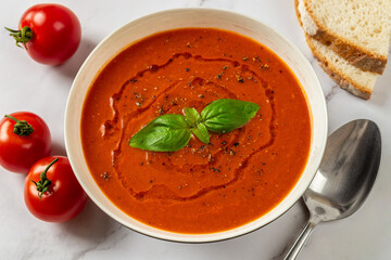 Hot tomato soup in a white bowl closeup. Freshly made vegetable dish of pureed tomatoes, garlic and basil ready to eat. Healthy vegetarian dish. Mediterranean cuisine.