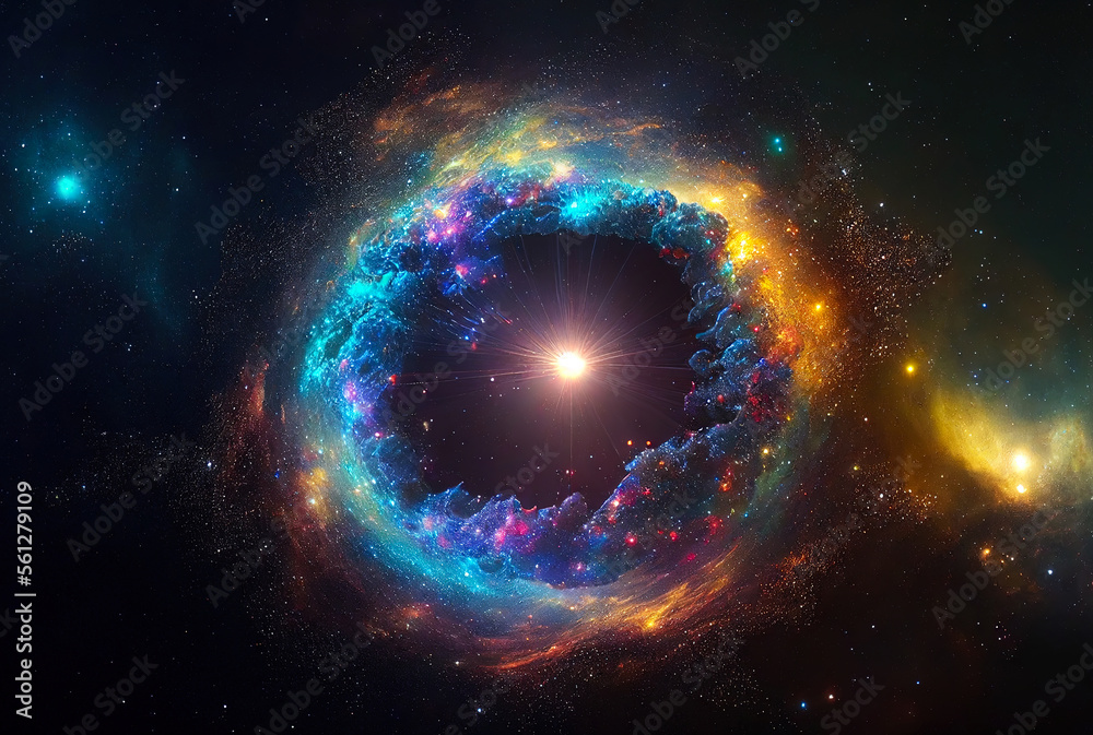 Poster abstract illustration of the cosmos on the theme of the origin of life in the universe with stars, comets and nebulae