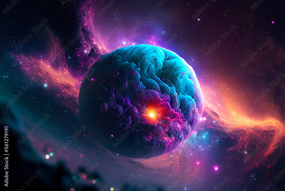 Poster abstract illustration of the cosmos on the theme of the origin of life in the universe with stars, c