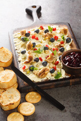 Trend food butter board with dried fruits, pistachios, hazelnuts and blueberries close-up on the table. Vertical