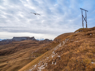Soft focus. Beautiful high-altitude plateau with a telegraph pole on the background of the...