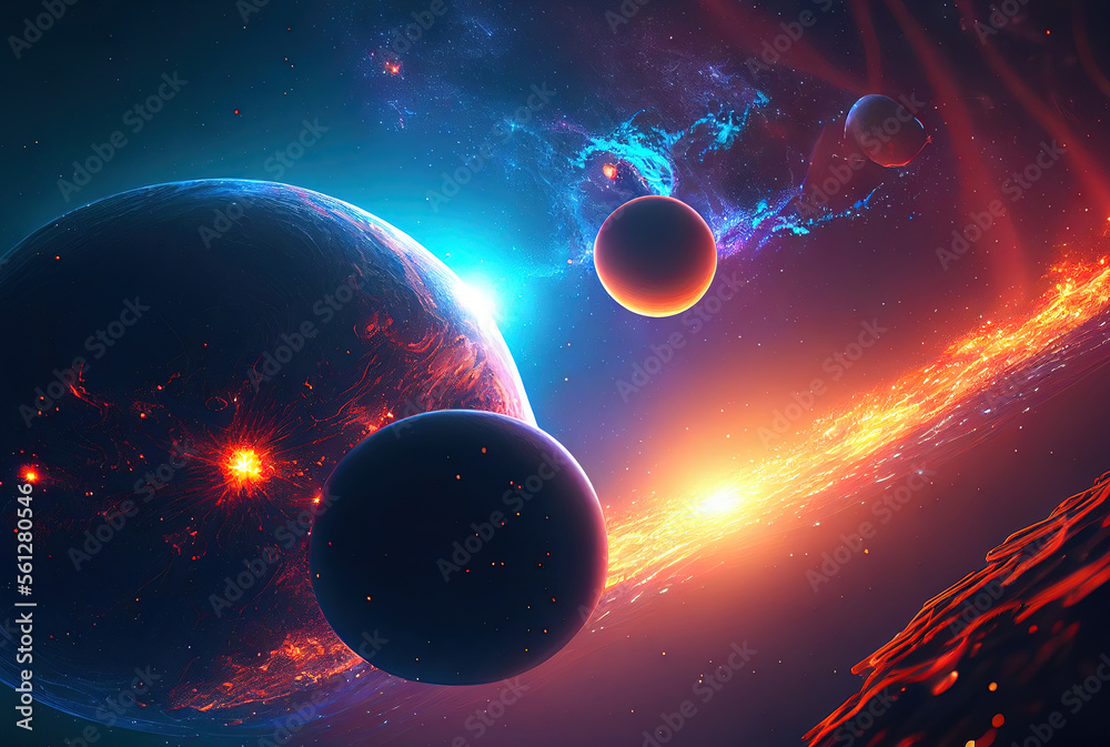 Aufkleber abstract space landscape with planets and flashes of stars and comets in blue and red colors