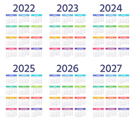 Calendario Años 2022, 2023, 2024, 2025, 2026, 2027. La semana empieza el domingo. Plantilla de año. Organizador anual. 