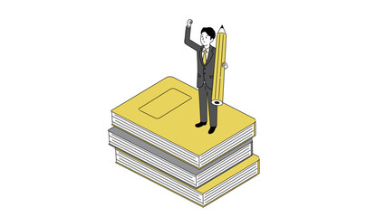 研究・勉強のイラストイメージ、本の上に立つ男性、ベクター