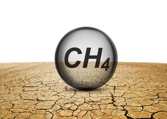 Dry cracked earth and bubbles with CH4 text isolated on transparent background,PNG. Global warming or change climate concept. Environmental problems. Growing methane in the atmosphere.	