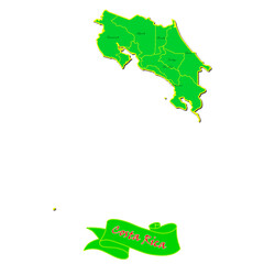 Vector map of Costa Rica  with subregions in green country name in red