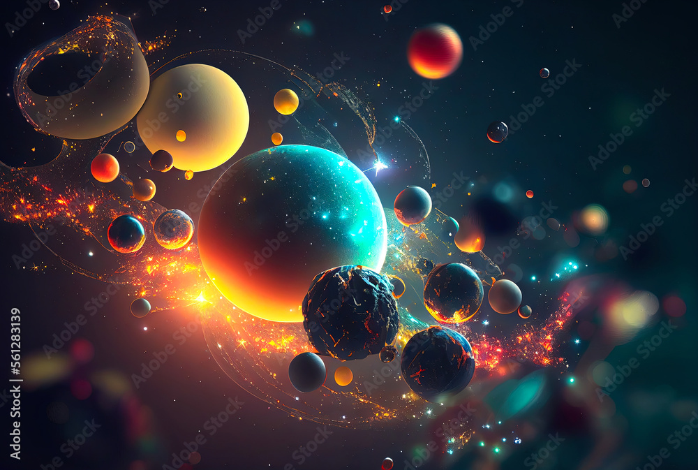 Poster abstract space landscape with planets and flashes of stars and comets in blue and red colors
