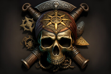 pirate skull head on crossed wooden background