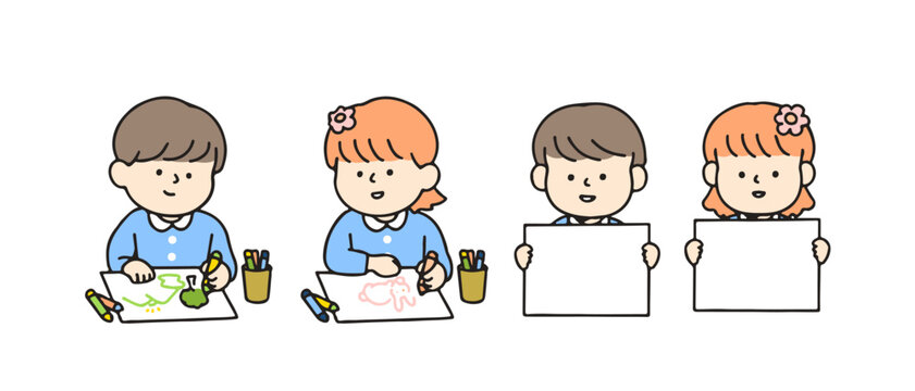 Little kid drawing and holding sign. Cute cartoon characters, Back to school concept