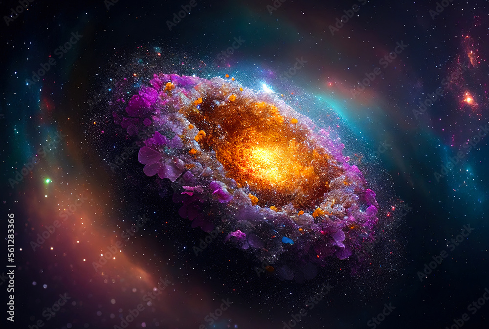 Poster abstract space landscape with planets and flashes of stars and comets in blue and red colors