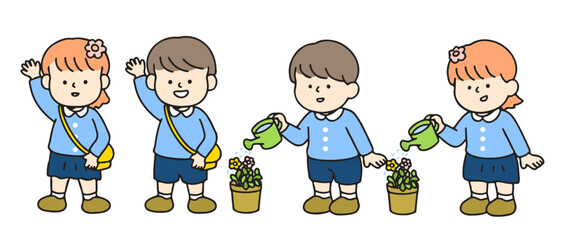 Little kid greeting and watering plant. Cute cartoon characters, Back to school concept