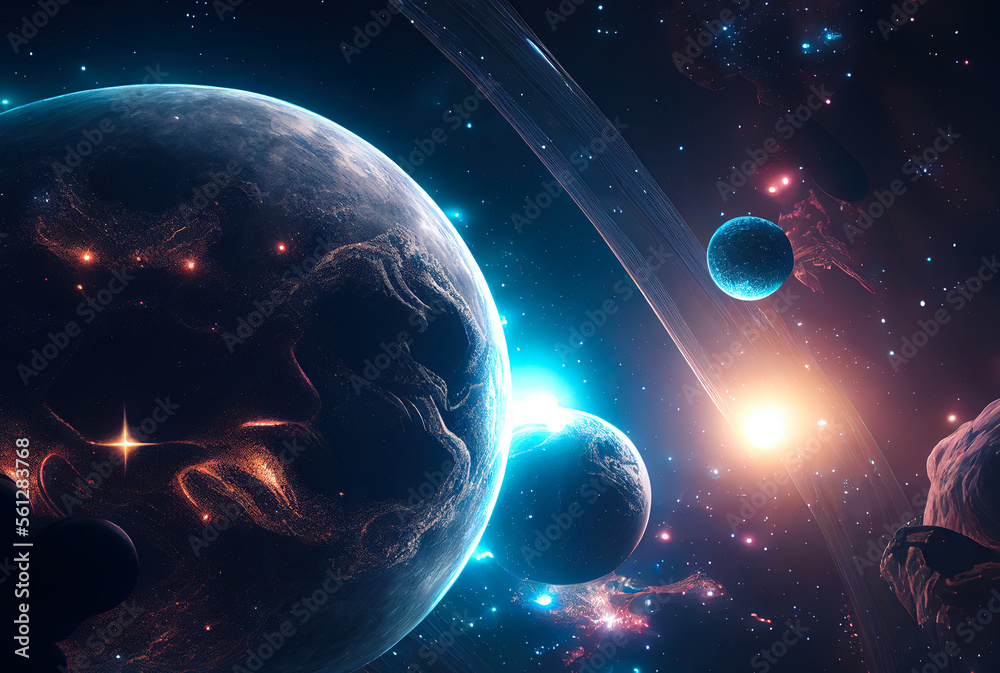 Poster abstract background of outer space with ultra bright stars and comets on the theme of explosions and life in space