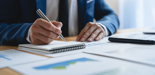 Young Asian businessman analyzing and discussing and brainstorming chart data. financial report graph in the office financial advisor and accounting concept.