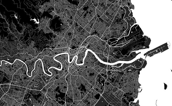 Detailed map of Brisbane city, linear print map. Cityscape panorama.