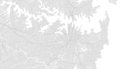 White and light grey Sydney city area vector background map, roads and water illustration. Widescreen proportion, digital flat design.