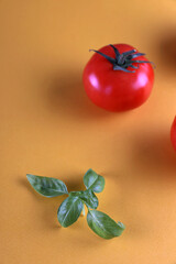 Red tomatoes and green basil on a yellow background