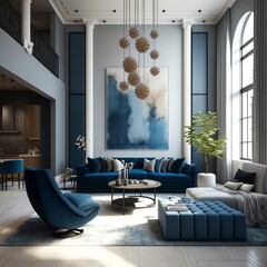 Home interior mockup with blue sofa, marble table and tiffany blue wall decor in living room