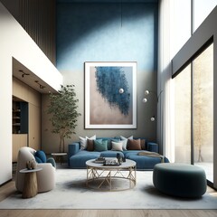 Home interior mockup with blue sofa, marble table and tiffany blue wall decor in living room