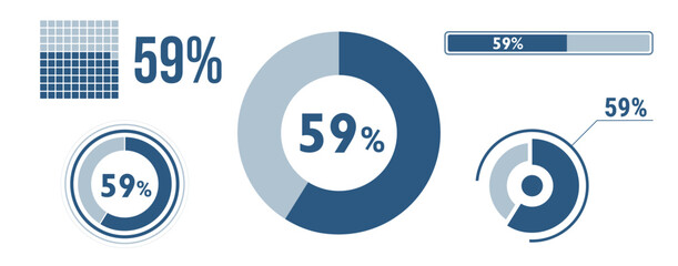 59% percentage infographic set. Fifty-nine circle diagram, pie donut chart, progress bar. 59 percent loading data icon. Vector concept collection. © Kostiantyn
