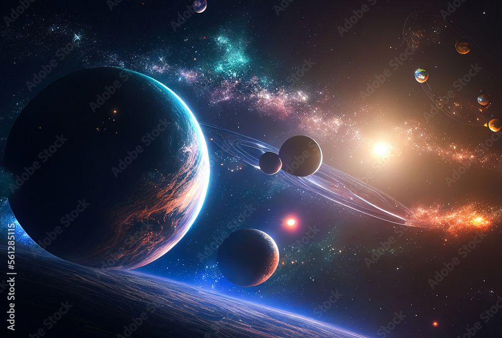 Poster abstract space landscape with planets and flashes of stars and comets in blue and red colors