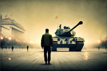 Man facing a tank - obrazy, fototapety, plakaty