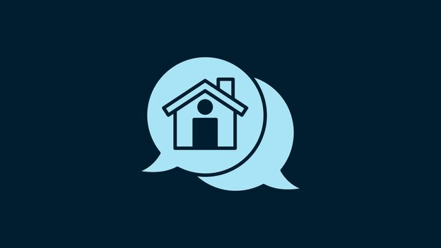 White Real estate message house in speech bubble icon isolated on blue background. 4K Video motion graphic animation