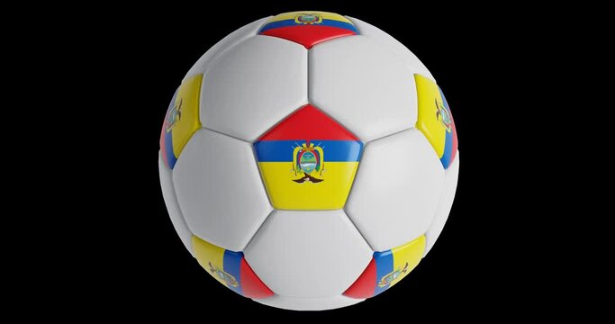 Soccer ball with flag of Ecuador , black background loop alpha Trasparent 3D