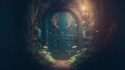 Foto op Aluminium Fantasy enchanted fairy tale forest with magical opening secret doors and stairs leading to mystical shine light outside the gate, mushrooms, and flying fairytale magic butterflies in woods. © Concept Killer