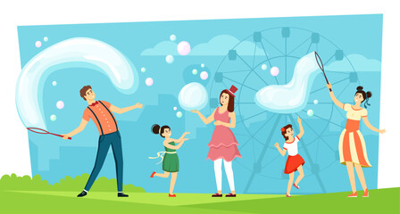 soap bubbles show. attraction for kids big soap bubbles. Vector cartoon background