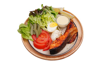 Grilled Salmon and Vegetable Salad healthy menu on white background