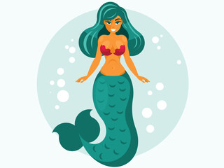 Cute cartoon mermaid. Little Mermaid with orange hair and green Tail. A magical creature. Vector graphics