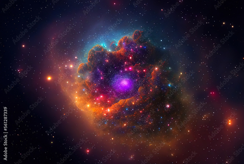 Poster abstract space landscape with planets and flashes of stars and comets in blue and red colors