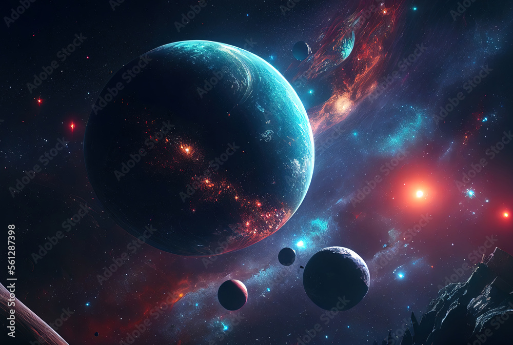 Aufkleber abstract space landscape with planets and flashes of stars and comets in blue and red colors
