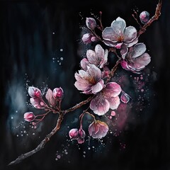 Abstract Watercolor Painting of Cherry Blossom on a Black Background - A Minimalistic and Elegant Art Piece high resolution. generative ai