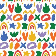 Fototapeta na wymiar Bright childish colorful seamless pattern with simple organic shapes. Vector background with spots, blobs on white backdrop. Random liquid modern trendy rainbow abstract wallpaper