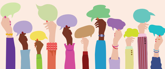 Speech bubbles are held in the hands. An exchange of information between people based on diversity. 